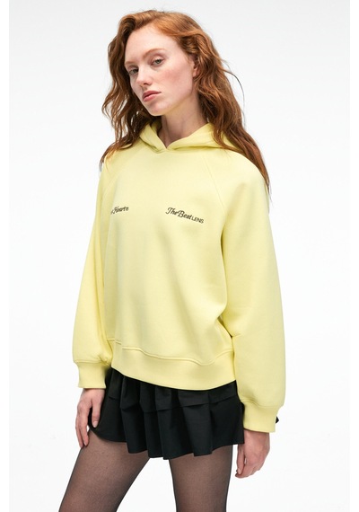 Grımelange ORINQUE Kadın Kapüşonlu Baskı ve Nakış Detaylı Oversize Sarı Sweatshirt