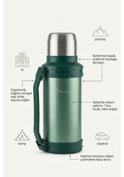 Penguen 1.5 Litre Avcı Termos Vakumlu Çelik Termos Kamp Piknik Çay Kahve Termosu Sus304 Bpa Free Yeşil
