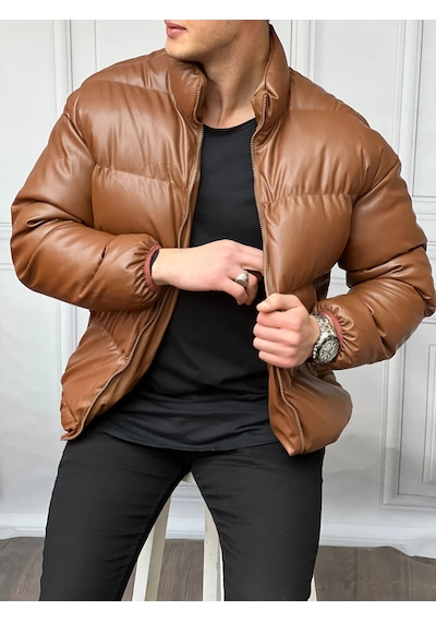 Modefendi Şişme Oversize Yüksek Kalite Deri Mont Kahverengi