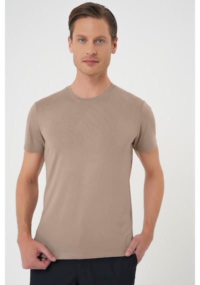 Efor Slim Fit Bisiklet Yaka Düz Pamuklu Vizon Tişört Ts 823 Vizon