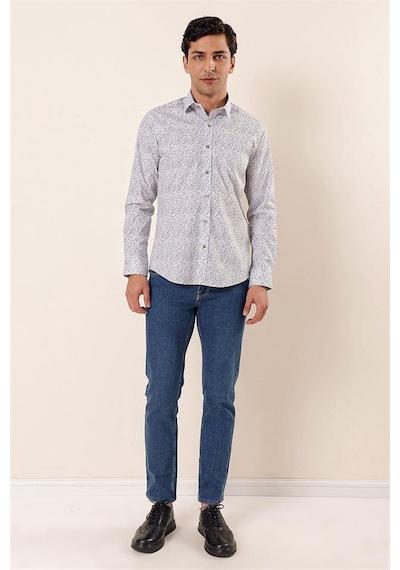 İmza Mavi Uzun Kollu Baskılı Sert Yaka Cepsiz Pamuklu Likralı Casual Slim Fit Gömlek 1004230135-mavi Mavi