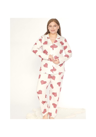 Boydan Düğmeli Battal Kalp Desen Uzun Kol Pijama Takım Mevsimlik Alperi B790-47 Bordo