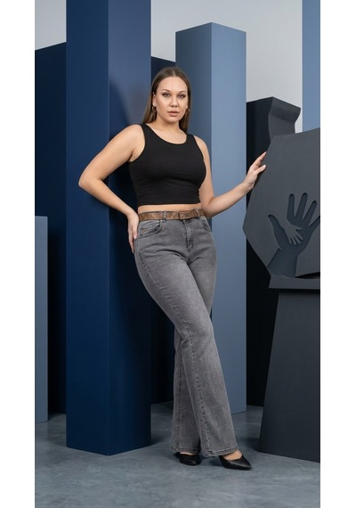 Zanessi Büyük Beden Yüksek Bel Kemerli Bol Paça Denim Kadın Panton Siyah