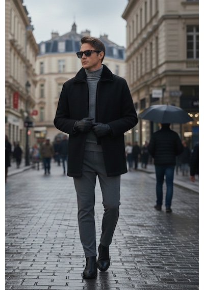 Buratti Slim Fit Çıkarılabilir Tüylü Yaka Detaylı Astarlı Kaşe Erkek Kaban 58400217 Siyah