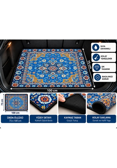 Kaymaz Tabanlı, Siyah Biyeli, Dekoratif Araç Bagaj Paspası-75x100 Cm Oto Bagaj Halısı