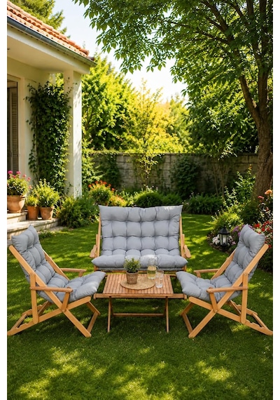 Bysay Ahşap Katlanabilir Şezlong Seti, 4'lü, Gri, Modern Stil, Puf Minderli, Plaj Teras Balkon Bahçe İçin Diğer