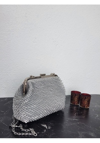 Fikriharika Design Gümüş Simli Pullu Metal Burslu Kadın El Çantası Gümüş - Gri