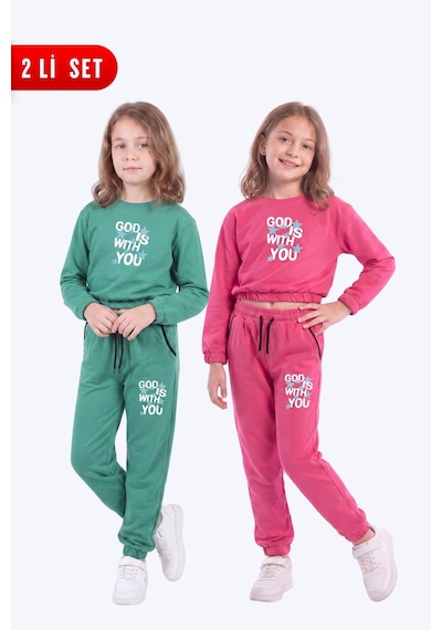 Fyk Kids 2'li Kız Çocuk Bisiklet Yaka Kısa Kesim Baskılı Çift Cepli 4 Parça Eşofman Takımı Yeşil-fuşya