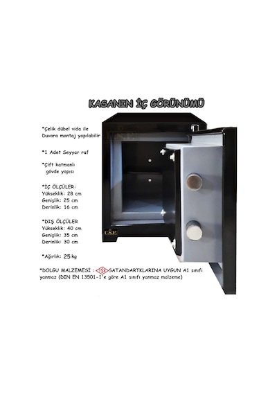 U.S.F Ev ve Ofis Tipi Çift Anahtarlı Çelik Para Kasası 35 x 30 x 40 CM 25 KG Siyah