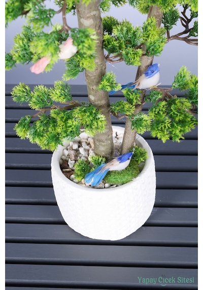 Yapay Çiçek Sitesi Dekoratif Saksıda Yapay Kuşlu Bonsai Ağaç 55 Cm Yeşil