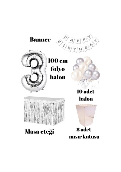 3 Yaş Beyaz Gümüş Balon Rakam Folyo Banner Mısır Kutusu Masa Et