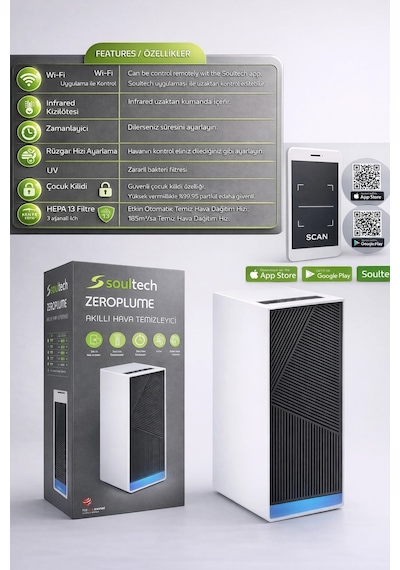Soultech Zeroplume Akıllı Hava Temizleyici Hepa 13 + Uv Wi-fi Uygulama Kontrollü Ultra Sessiz