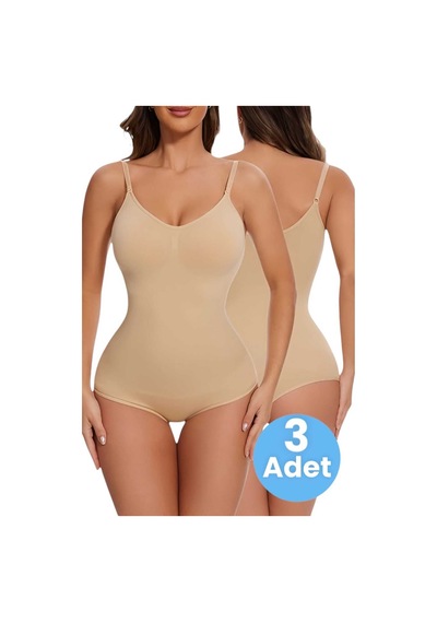 Uniquetrenders Kadın Dikişsiz Toparlayıcı Ve Çıtçıtlı İp Askılı Slip Body Korse 3'lü Set Ten Rengi