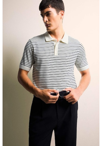 Defacto Standart Fit Polo Yaka Çizgili Triko Kısa Kollu Tişört F2729ax25aubk27 Siyah