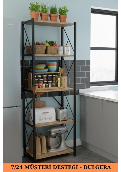 Fifty 5 Raflı Metal Dar Tekli Kitaplık Dosya Ofis Salon Rafı 150 Cm Çam