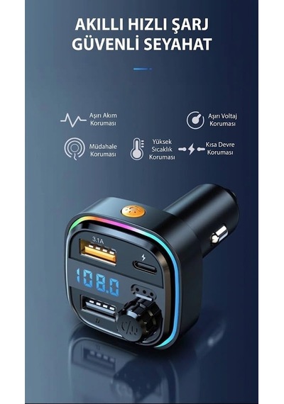 Tr Aft-13 Bluetooth 5.0 Araç İçi Fm Transmitter - 3 Port Hızlı Şarj 2x Usb-a + 1x Usb-c , Rgb Led Işıklı Eller