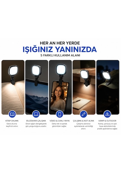 Blc Rgb Klipsli Led Işık 1200mah Bataryalı Type-c Şarjlı Selfie Video Çekim Telefon Laptop Monitör Kitap Okuma Lambası 360 Dönebilen Siyah