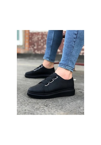Mevese İtehe Cilt Erkek Bağcık Görünümlü Lastikli Günlük Sneaker Ayakkabı - Siyah