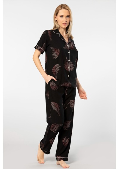 Türen 3604 Kadın Kısa Kollu Dokuma Gömlek Pijama Takım-siyah Siyah