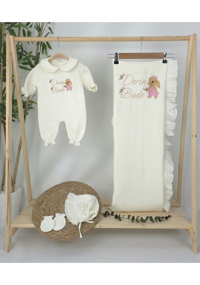 Gros Shop Müslin Yeni Doğan 4katlı Organik %100pamuk Kişiye Özgü Nakışlı Hastane Çıkış Seti Tavşan Model-3 Ekru-3