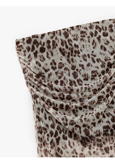 Koton Astarlı Slim Fit Drapeli Leopar Desenli Midi Boy Tül Etek Kahverengi Desenli 5sak10085uk