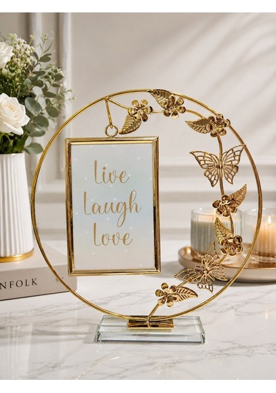 Lüx Gold Kelebek Ve Çiçek Figürlü Pleksi Tabanlı Metal Fotoğraf Çerçevesi 27 Cm Hediyelik Dekoratif Hediyelik Eşya