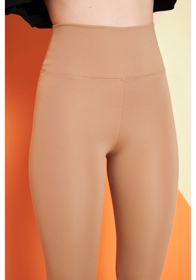 Thıff Gymwear Camel Yüksek Bel Sıkılaştırıcı Toparlayıcı Dalgıç Kumaş Spor Günlük Tayt Kahverengi