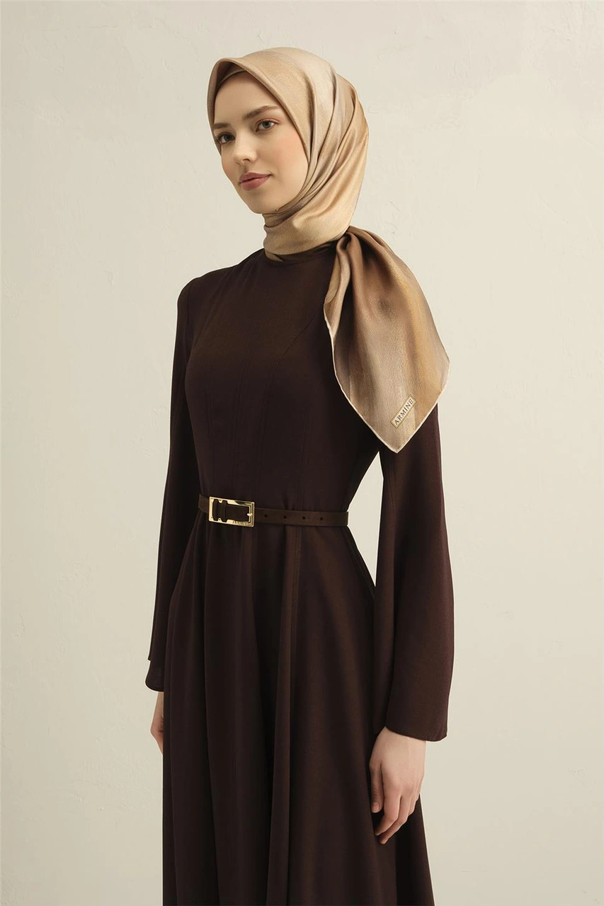 Armine Soyut Desenli Saf İpek Twill Eşarp 9308d 08 Camel