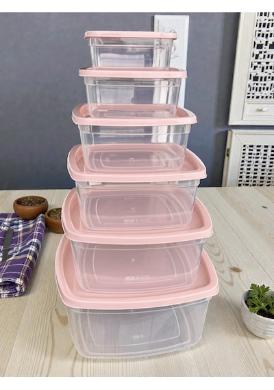 6'lı Kendinden Kapaklı Erzak Baharat Saklama Kabı Seti 8,3 Litre Büyük Boy Plastik Açık Pembe