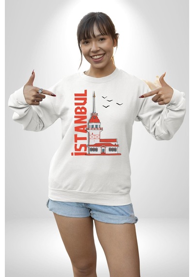 İstanbul Kız Kulesi Türkiye Unisex Beyaz Sweatshirt Beyaz