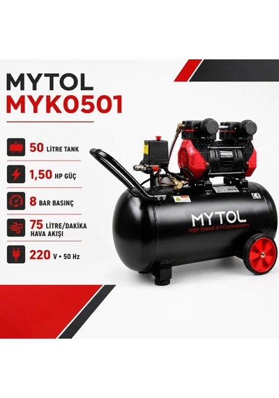 Mytol Myk0501 50 Lt 8 Bar 1.5 Hp Sesli Yüksek Hızlı Yağsız Hava Kompresörü