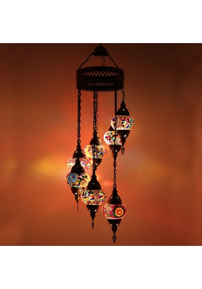 Dekoratif MOZAİK 7 Lİ OSMANLI AVİZESİ EL YAPIMI DEKORATİF RENKLİ