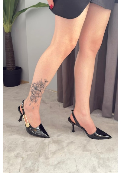 Preshley Kadın Grant Siyah Rugan Düğmeli Tokalı 7 Cm Ince Topuk Ayakkabı Stiletto Siyah