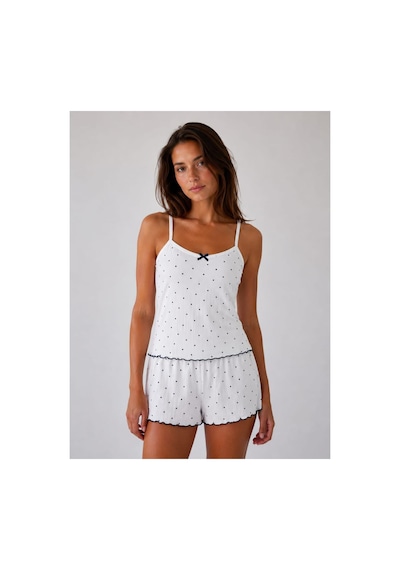 Pijamask Kadın Beyaz Puantiyeli Askılı Şortlu Pijama Takımı Yumuşak Dokulu Yazlık Rahat Ev Giyim Beyaz
