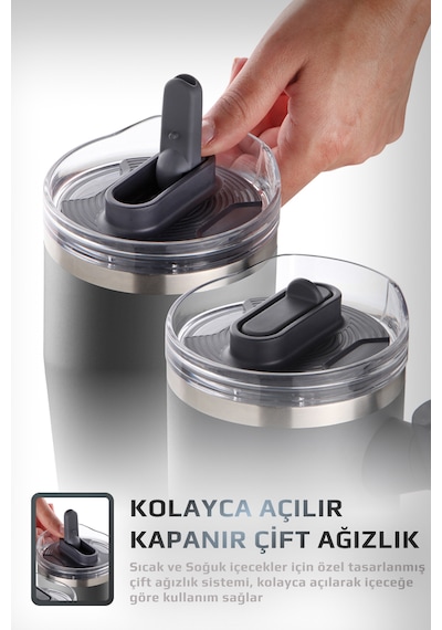 Fika Lumi Patentli Döner Kulplu Sızdırmaz Çift Ağızlıklı Çelik Termos 950 Ml Antrasit