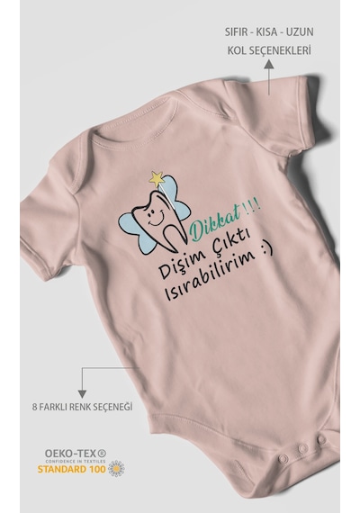 Dikkat Dişim Çıktı Isırabilirim Baskılı Bebek Zıbını Çıtçıtlı Body %100 Pamuk Kısa Kol Pastel Pembe