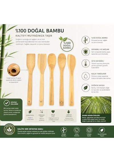 5 Parça Bambu Mutfak Kaşık Seti %100 Doğal, Çizilmeye Karşı Korumalı, Isıya Dayanıklı, Hafif, Ergonomik, T