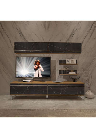 Decoraktiv Eko 5 Mdf Std Krom Ayaklı Tv Ünitesi Tv Sehpası Pera - Siyah Mermer