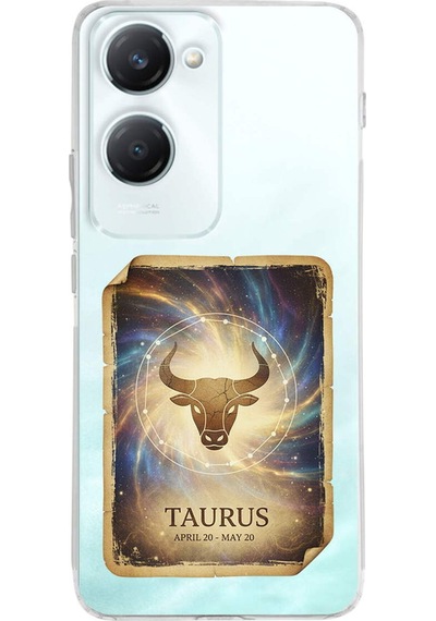 Vivo Y18 İle Uyumlu Burç Kartları Boğa Tasarımlı Şeffaf Silikon Kılıf Şeffaf