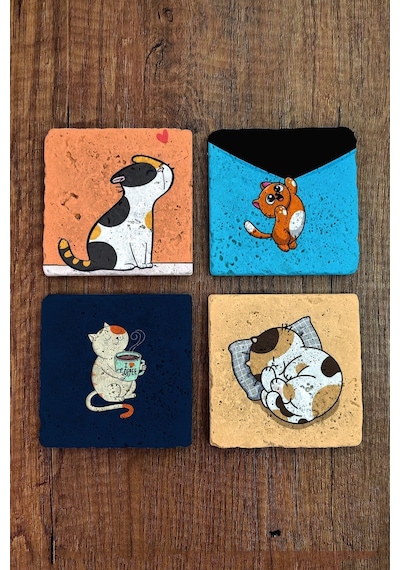 Doğal Taş Bardak Altlığı 4'lü Set 10x10x1 Cm Sevimli Kediler Baskılı-stone Coasters Çok Renkli