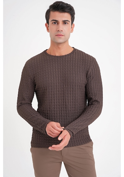 Efor Slim Fit Esnek Pamuklu Dokulu Kumaş Uzun Kollu Kahverengi Tişört Ts 934