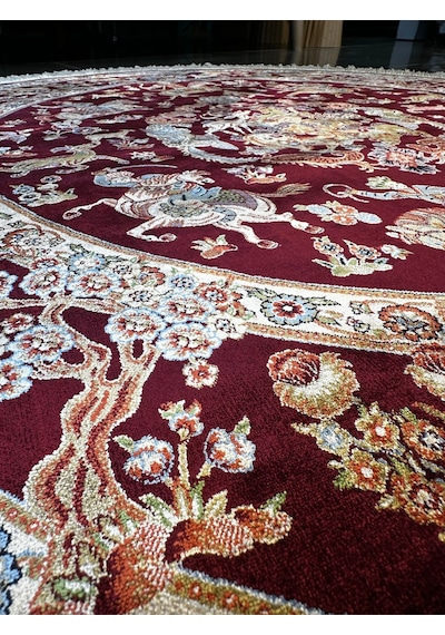 Orfe İpek Tuşeli Halı Salon Halısı, Oturma Odası Halısı, Antre Giriş Halısı Yuvarlak Bordo