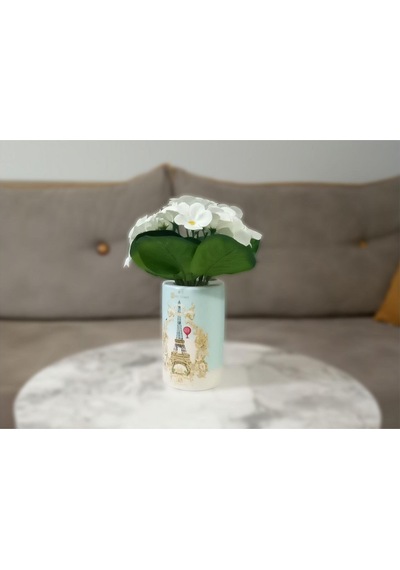 Vazoda Beyaz Yapay Çiçek Dekoratif Romantik Yeşil Model Vazo Dahil 7 x 7 x 16 CM