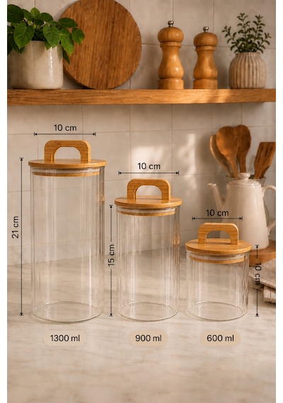 Aria - 3'lü Borosilikat Bambu Kapaklı 1300- 900 -600 Ml Kavanoz Takımı Çizgili Şeffaf