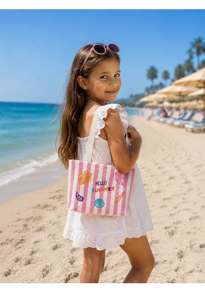 İcone Bag Çocuk Plaj Çantası, Nakışlı Çizgili Kız Plaj Çantası, Kids Beach Bag, Lila Çizgili Çocuk Plaj Çantası Pembe