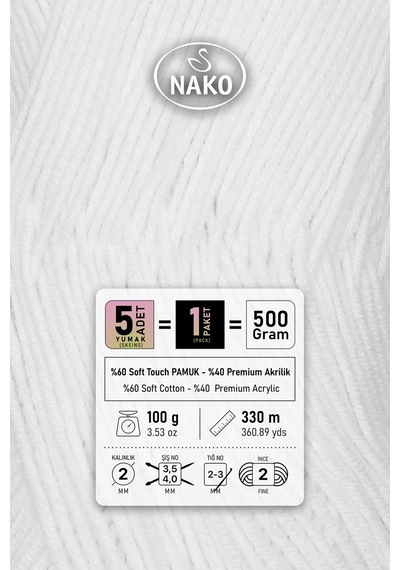 Cotton Lüks - 97569 Beyaz - 5'li Paket - 100gr/330m - Pamuklu Hırka Yelek Amigurumi İpi