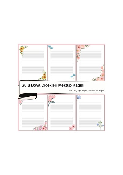 Sulu Boya Çiçekleri Mektup Not Kağıdı, +6 Düz Kağıt +6 Çizgili Kağıt A4 Boyut