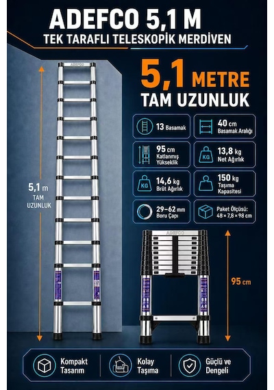 13 Basamak Paslanmaz Çelik Teleskopik Merdiven 5.1 Metre Katlanabilir Uzayan Merdiven -