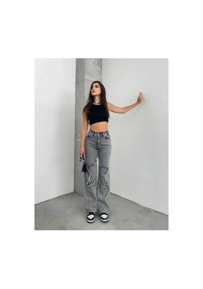 Kene Jeans Yüksek Bel Bacak Yıldızlı Bol Paça Jeans Kar Siyah