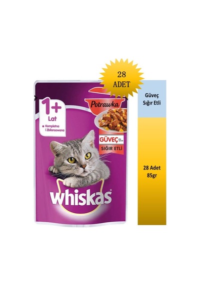 Whiskas Güveç Sığır Etli Pouch Yetişkin Kedi Yaş Maması 28 x 85 G